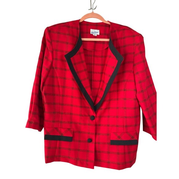 Vintage Red Plaid Blazer With Black Trim Made in USA Size 18 Christmas Holiday - Picture 1 of 12